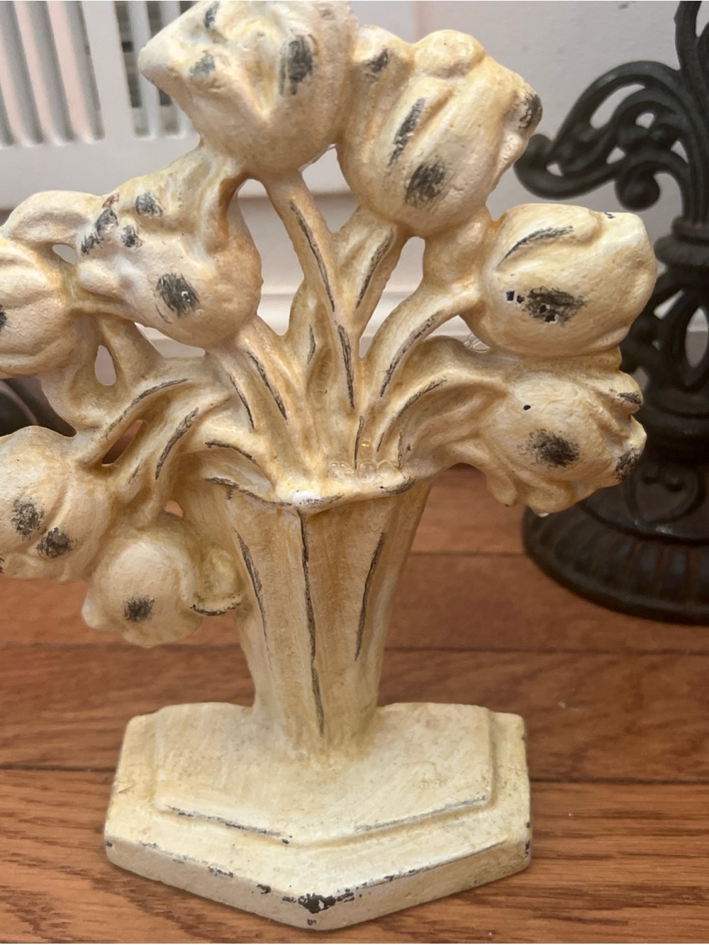 Antique 1920s Cast Iron Door Stop Tulips Flowers Art Deco Vase Floral Farmhouse